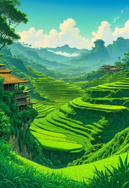 Golden sunlight filters through wispy clouds as a serene landscape unfolds: terraced paddy fields stretch across the rolling hills of Bali. Vibrant green rice plants sway gently, like emerald curtains, while ancient temples and rustic villages dot the horizon. Soft morning mist lingers, casting a mystical veil over this idyllic scene.. (anime, cyberpunk, Moebius (Jean Giraud) Style page)