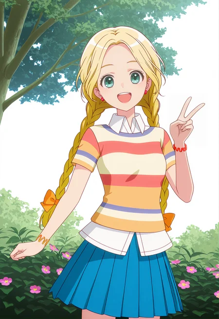 <lora:CHOCO MISTUMATA_illustrious-000048:1>,
CHOCO MISTUMATA,blonde hair,aqua eyes,twin braids,
striped clothes,striped shirt,blue skirt,hair bow,white shirt,pleated skirt,
white background,looking at viewer,simple background,open mouth,smile,earrings,bow,:d,collared shirt,bracelet,solo,jewelry,outdoors,trees,flower,v,upper teeth only,cowboy_shot