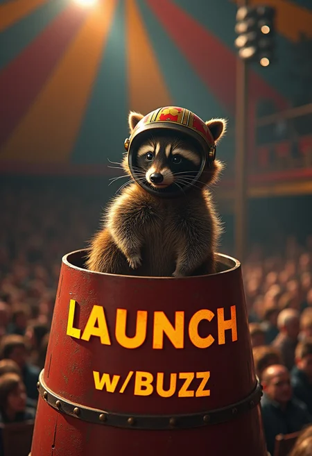 An incredibly cute raccoon dressed like evel knievel wearing a motorcycle half helmet sitting inside the tip of a circus cannon. In front of the cannon is a large colorfully painted carnival sign that says “LAUNCH w/BUZZ” inside a dark circus tent with a huge captivated audience.