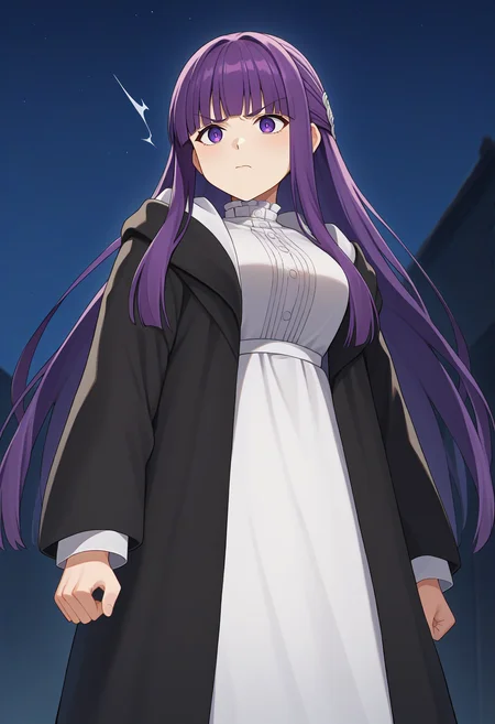 score_9, score_8_up, score_7_up, source_anime, 1girl, fern \(sousou no frieren\), purple hair, long hair, blunt bangs, half updo, open robe, long dress, determined, indian style, night sky <lora:brj-fern-pony-v0.5:1>