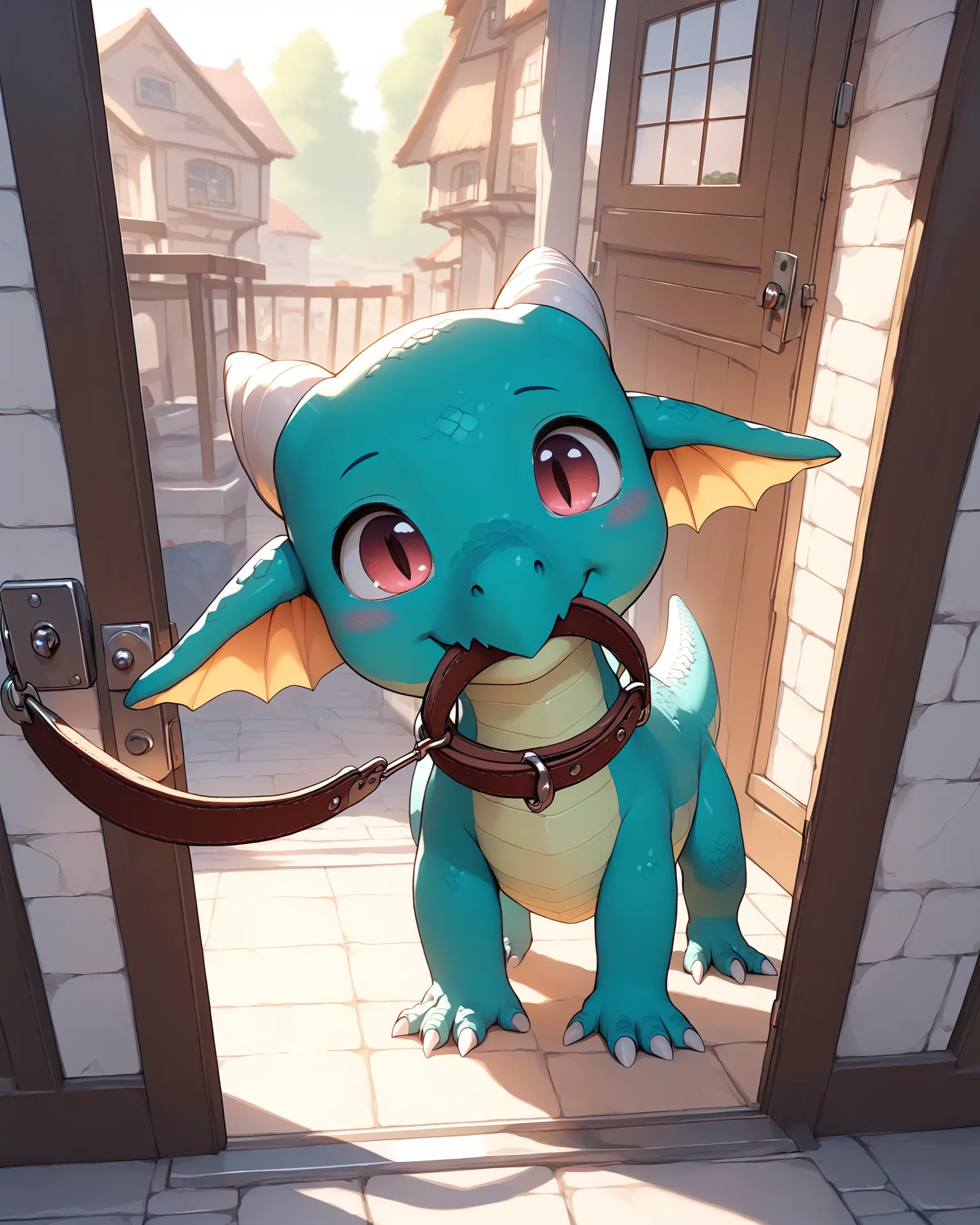 score_9, score_8_up, score_7_up, source_anime, rating_explicit, best quality, masterpiece, uncensored
(1 little cute dragon:1.9), (child:1.5), solo, animal, (head tilt:1.5), 3d, realistic, (no human:1.5), (all fours), looking at viewer, focus face,
collar, (holding collar with mouth:1.4), holding,
flying side of door, open door, in room, sun, (from above:1.5),
<lora:collar4u-v3-pony-000010:1>