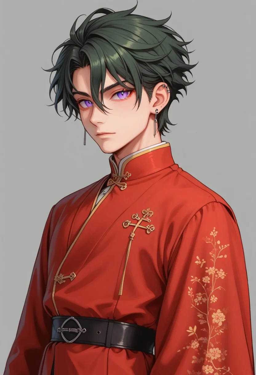 score_9, score_8_up, score_7_up, rating safe, 8k portrait, 1 boy,solo, full body, cowboy_shot, male focus, AntherimA, purple eyes, slit pupils, dark green hair, hair between eyes, asymmetrical hair parting, light_red_eyeshadow, ((1_earstud_left_side)), 20 years old, dynamic pose, chinese_royal, chinese_clothing, red clothing, black waistband, long flowing fabrics, black layered clothing , black nail varnish, highly detailed, professional photography, masterpiece, (finely detailed beautiful eyes: 1.2), hdr, black_background