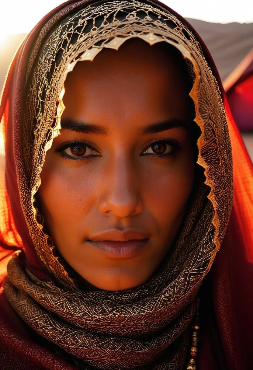 A stunning, ultra-realistic portrait of Tiaris, her face partially obscured by an intricately woven, earthy veil. Her deep, dark gaze tells a story of resilience, mystery, and unspoken emotions. Warm red tones from a tent's cloths softly illuminate her cheekbones and textured skin, highlighting every fine detail with breathtaking realism.
She wears traditional desert clothing, adorned with delicate embroidery and subtle metallic accents that catch the light. In the background, we see the fabrics and cushions of a tent in the tradition of Arabic or Moroccan cultures. A dramatic yet natural lighting arrangement enhances the cinematic quality of the scene, lending it a sense of intimacy and grandeur.