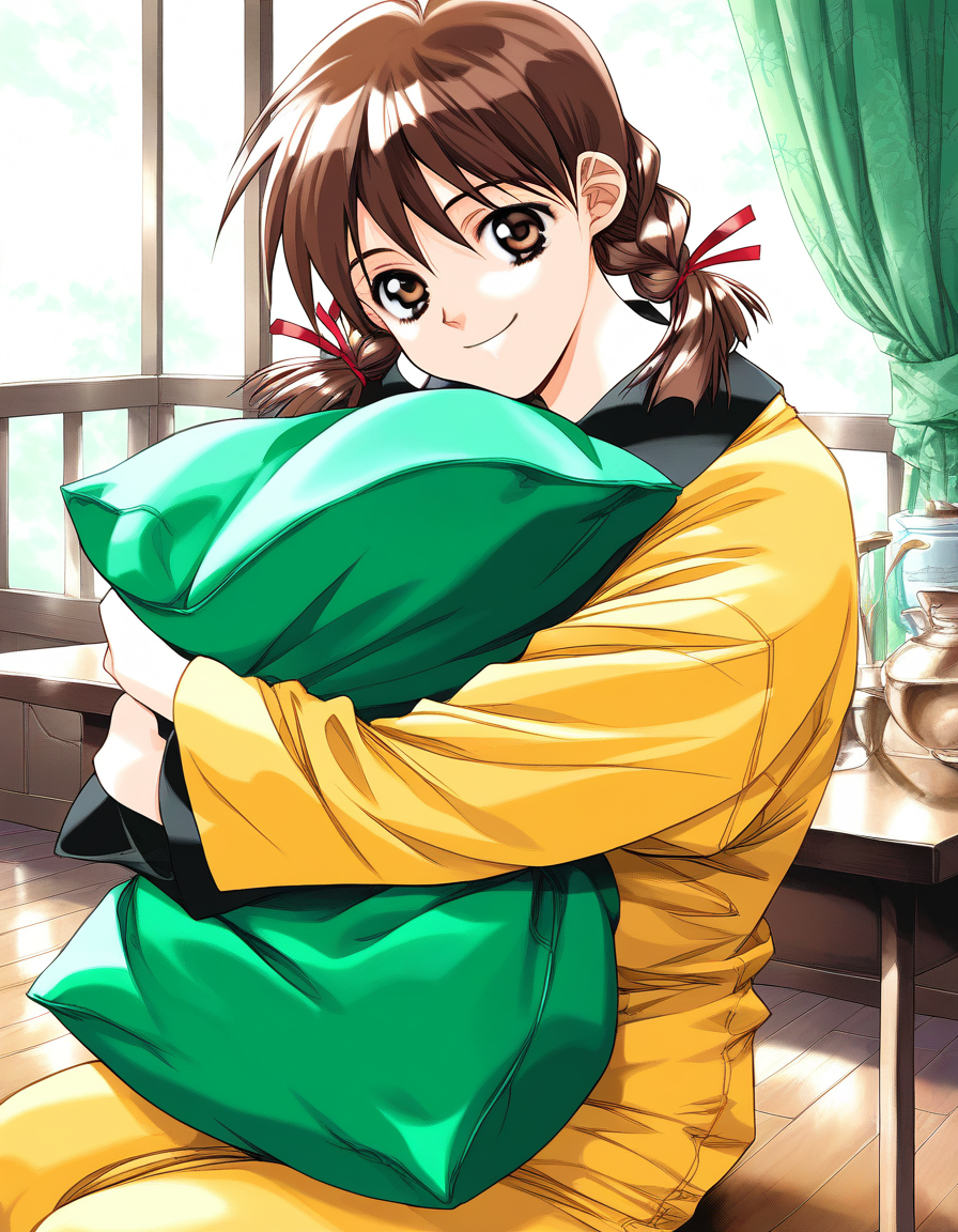 score_9, score_8_up, score_7_up, source_anime, rating_explicit, BREAK <lora:Nagashima_Kumiko_XL:1>Nagashima_Kumiko, brown hair, brown eyes, hair ribbon, red ribbon, twin braids, bangs, short twintails,
1girl, solo, indoors, long sleeves, retro artstyle, smile, object hug, looking at viewer, pillow, pillow hug, 1990s (style), long hair, sitting, Yellow pajamas, table, shirt