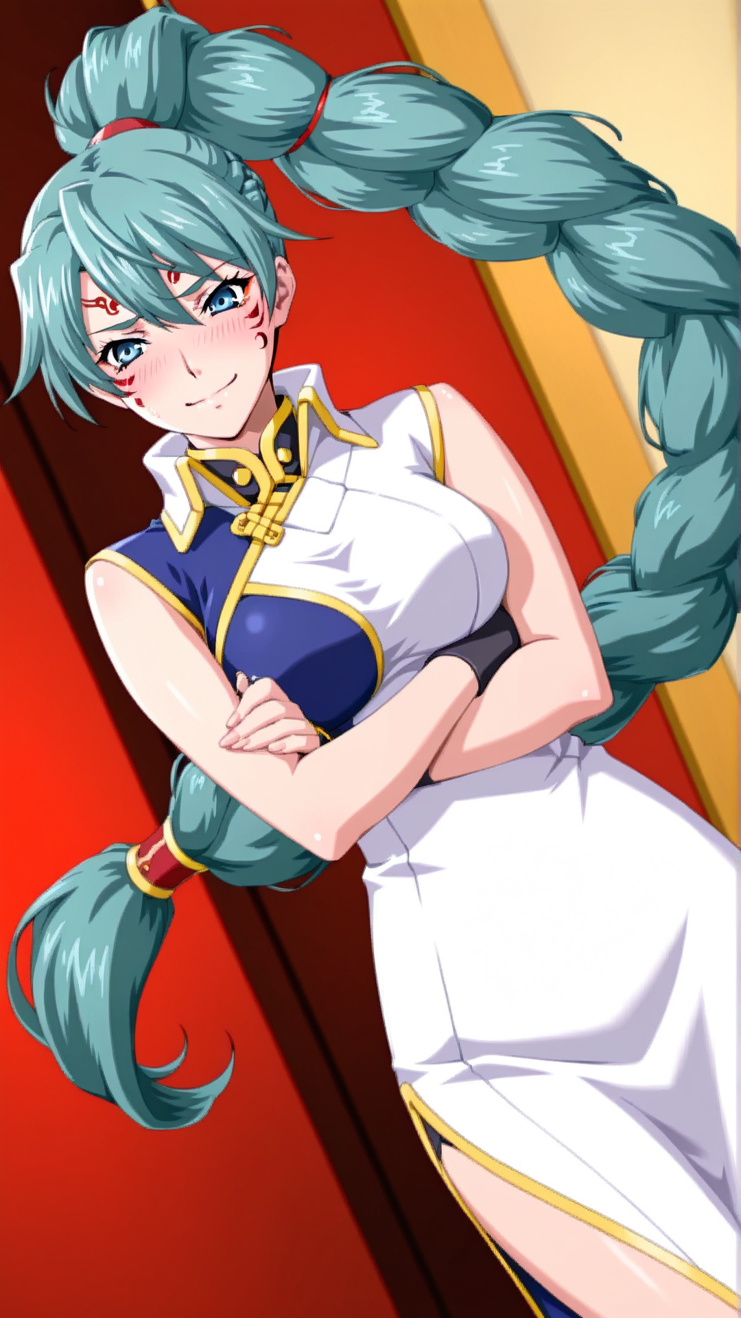 source_anime, general, best quality, masterpiece, 1girl,  <lora:Fu-Lu_Mu-Lu_ill_v1.0:1> fu-lu_mu-lu\(srw\),green hair , blue eyes, facial mark,braid, very long hair, braided ponytail,single braid, china dress,dynamic pose, dutch angle, embarrassed, happy,