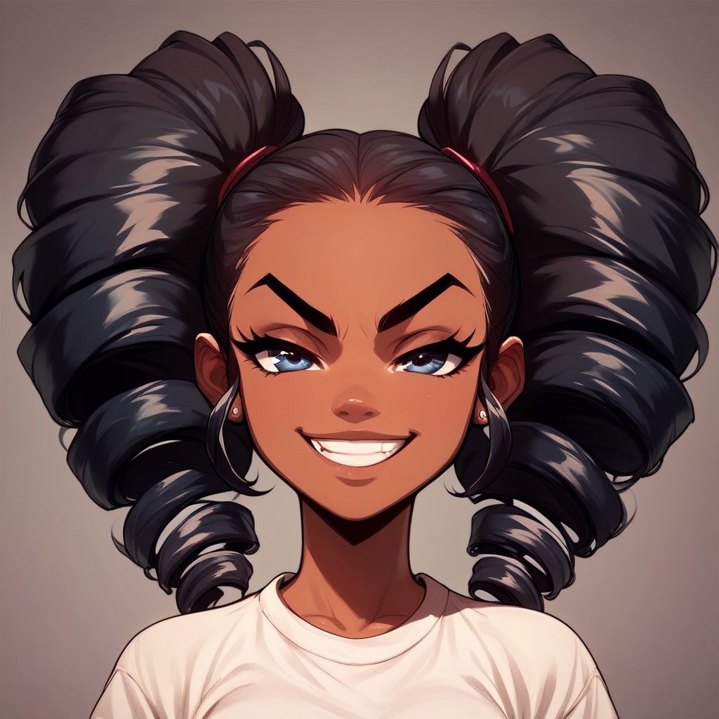 score_9, score_8_up, score_7_up, score_6_up, score_5_up, score_4_up, b00nd0cks
1girl, alone, dark skin, black hair, mega twin drills, smirk, whit shirt, half-body