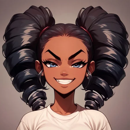 score_9, score_8_up, score_7_up, score_6_up, score_5_up, score_4_up, b00nd0cks
1girl, alone, dark skin, black hair, mega twin drills, smirk, whit shirt, half-body
