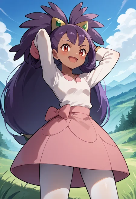 <lora:pony_good_hands:1>, <lora:Anime Style 2 SDXL_LoRA_Pony Diffusion V6 XL:0.3>, score_9, score_8_up, score_7_up, source_anime, good_hands, <lora:ExobeloStyle:0.7>
outdoors, landscape, grass, from below,
<lora:IrisPokemonIXL:1>, 1girl, solo, iris \(pokemon\), dark skin, long purple hair, big hair, hair ornament, white leggings, long sleeves, miniskirt, pink skirt,
<lora:Expressive_H:0.65>, red eyes, looking at viewer, blush, smug, smile, open mouth,
standing, arms behind head,