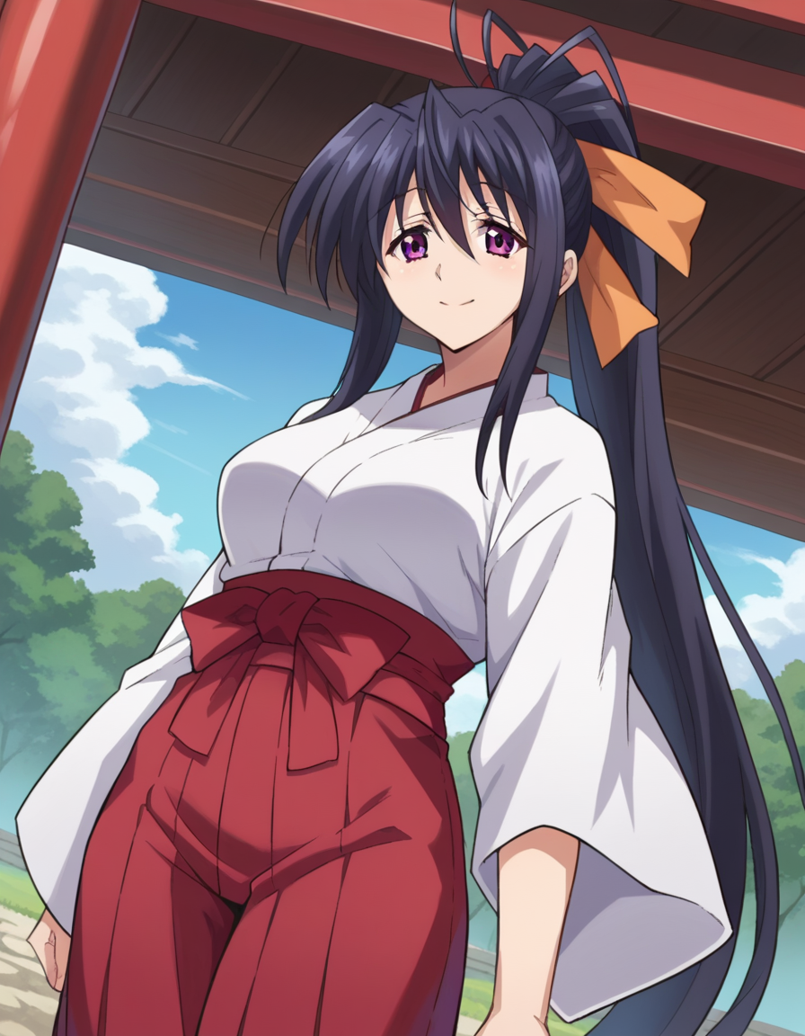 score_9, score_8_up, score_7_up, source_anime,
akenohimejima, <lora:akeno-himejima-ponyxl-lora-nochekaiser:1>,
akeno himejima, long hair, black hair, ribbon, very long hair, purple eyes, hair ribbon, ponytail, antenna hair, smile,
japanese clothes, hakama, red hakama, miko,
outdoors, shrine,
looking at viewer, dutch angle, cowboy shot,