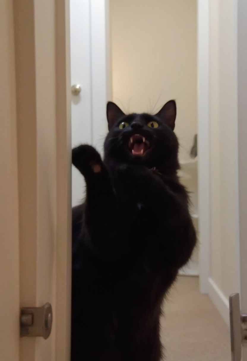 photo close-up of a black cat in a hallway, raising one paw and hissing, soft natural light <lora:mobile-000081:1>
