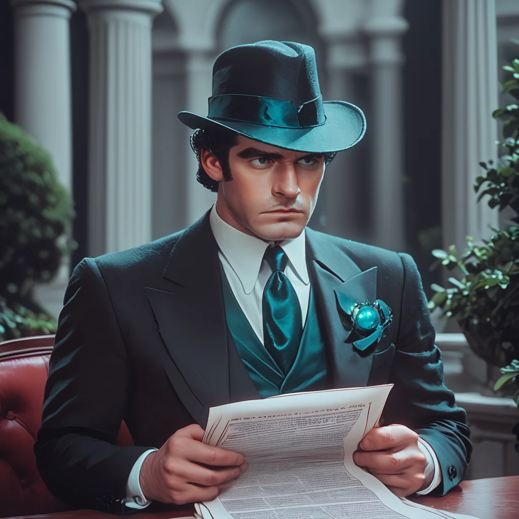 Score_9, score_8_up, score_7_up, score_6_up, BREAK <lora:40sTechnicolorCyberpunkPony:1> ArsMovieStill, movie still from a technicolor 1940s cyberpunk film, The image shows a man in a suit and hat sitting at a table holding a piece of paper in his hands. In the background there is a tree and a pillar creating a peaceful atmosphere., 1boy, male focus, hat, necktie, solo, formal, black hair, suit, shirt, blurry background