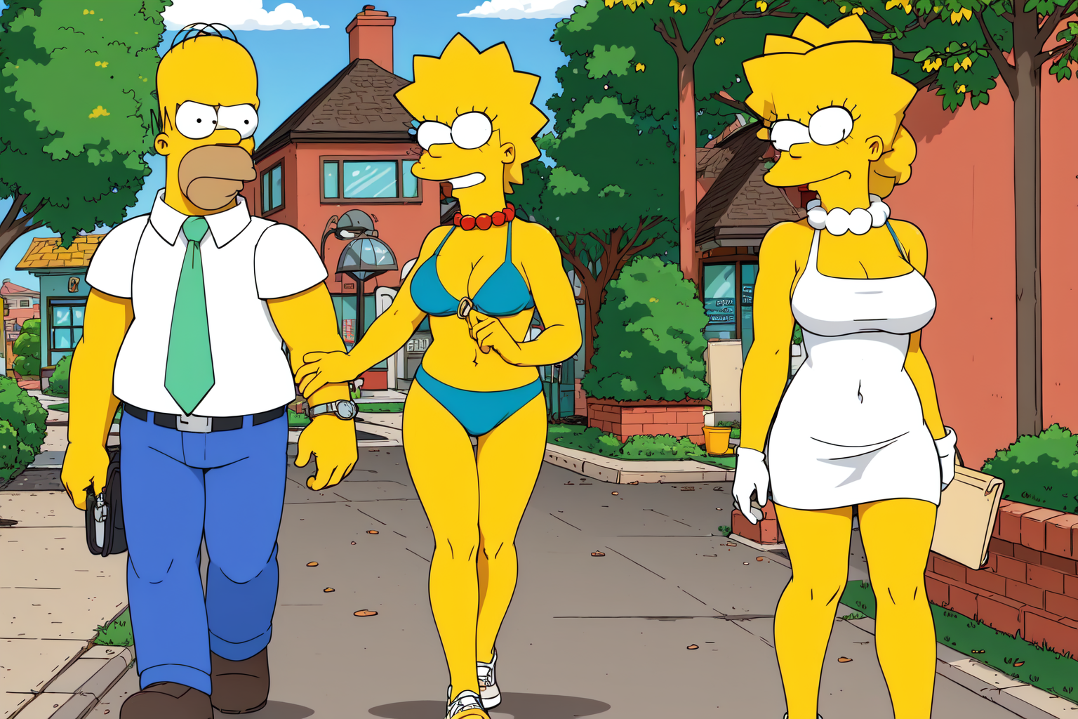 a woman with sexy body and outfit, blonde hair, walking in the sidewalk with a man by her side, EdobSimpsons  <lora:EdobSimpsons_v1.1:0.8>