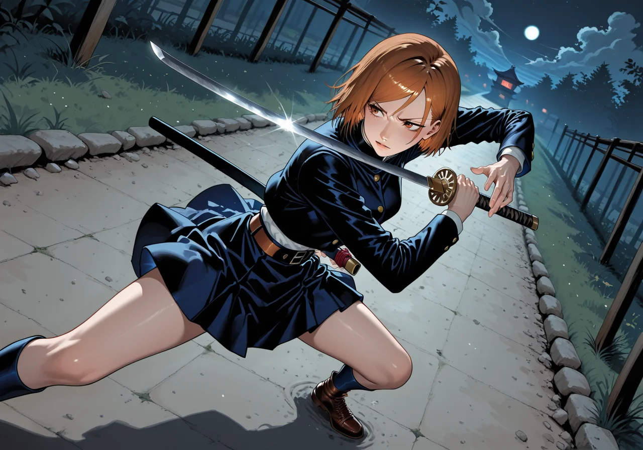 embedding:IllusP0s, artist:fluxc0m1c, high angle, katana, sword pose, iaido, dynamic pose, night, outdoors, combat stance, angle view, kugisaki_nobara, embedding:Smooth Quality, embedding:IllustriousQual,<lora:artist_fluxc0m1c_ill_v2.safetensors:0.7:0.7>