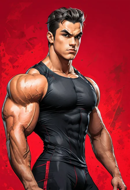 (cartoon sketch style with strong lineart strokes:1.4), BESIDE , dynamic pose, (upper body) ,arrogant 17 year old, 1boy ,young face, solo,teenager,
[oil painting:graphite sketch:0.45].
wearing compression tights:laycra, (compression sleeveless t-shirt:1.4),
a cruel and bloodthirsty comic book villain,
color block background:dynamic scene.
 <lora:add-detail-xl:0.8> <lora:xl_more_art-full_v1:0.8>, 
BREAK,
 <lora:bodybuildingsex:0.45> bodybuildingsex,massive pectoral,large pecs, (thick thighs), beefy muscle,
BREAK,
Handmade and unfinished drawing style thick strokes and sketch style: [based on DC comics:based on dragon ball comics:0.65].