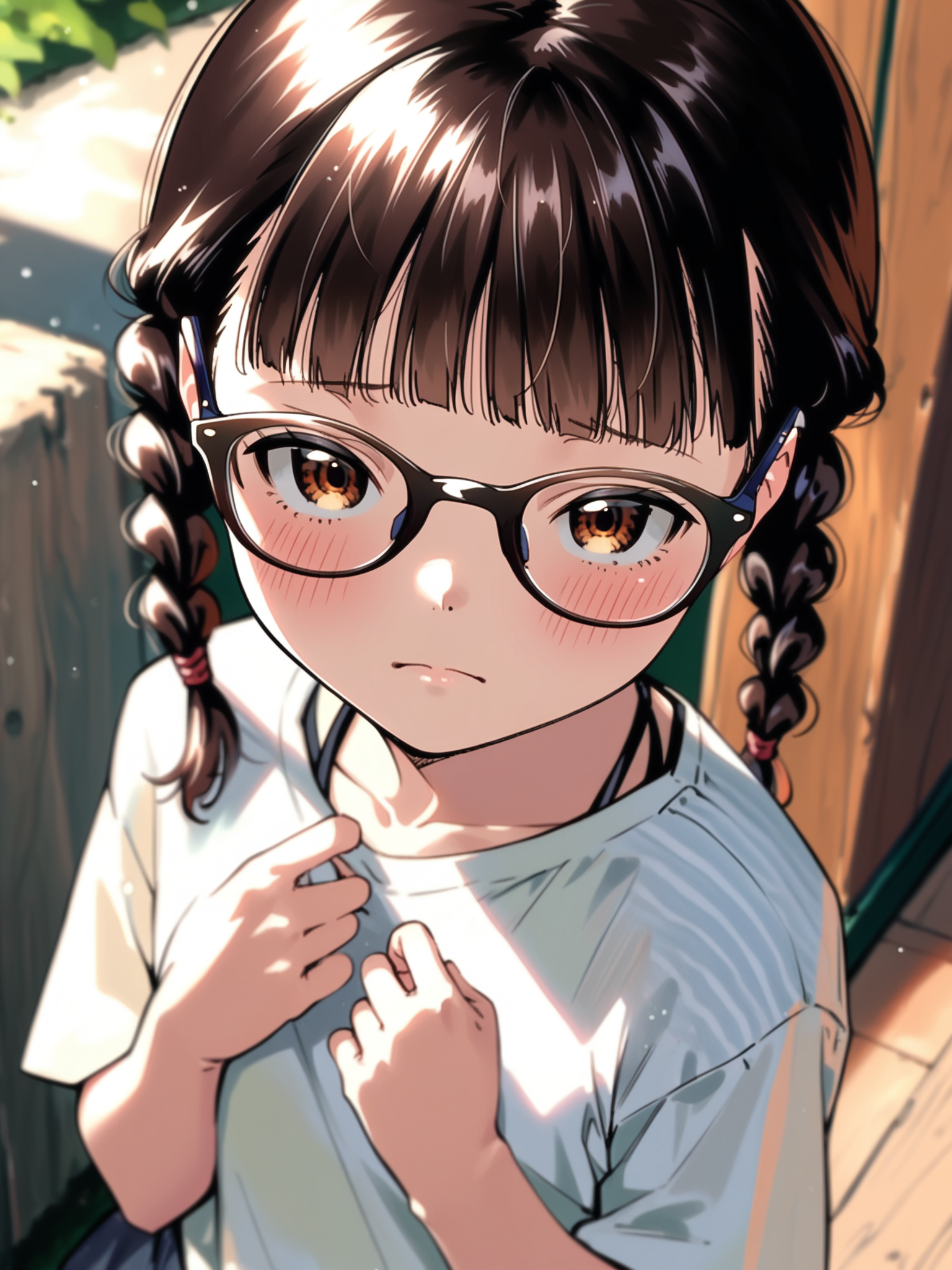 <lora:happy_tentacle-mitorinka-v0.2:1>, ht_mitorinka, glasses, small breasts, brown hair, brown eyes , shy, blush, outdoors, day cowboy shot, 1girl, (petite:1.2), solo focus, (looking at viewer:1.1), sidelighting, (depth of field:0.8), from above, [(realistic, photorealistic:1.2):(realistic:1.2):22], [(3d:1.2)::12], <lora:LUUNA's Lunas-NijiJourney-SDXL-B2:0.5>, nijijourney, <lora:prgfrg23's Counterfeit-V3.0 Style SDXL_LoRA_Pony Diffusion V6 XL:0.35>, <lora:Shed_The_Skin's StS_age_slider_v1_initial_release:-1>, score_9, score_8_up, score_7_up, score_6_up, score_5_up, score_4_up