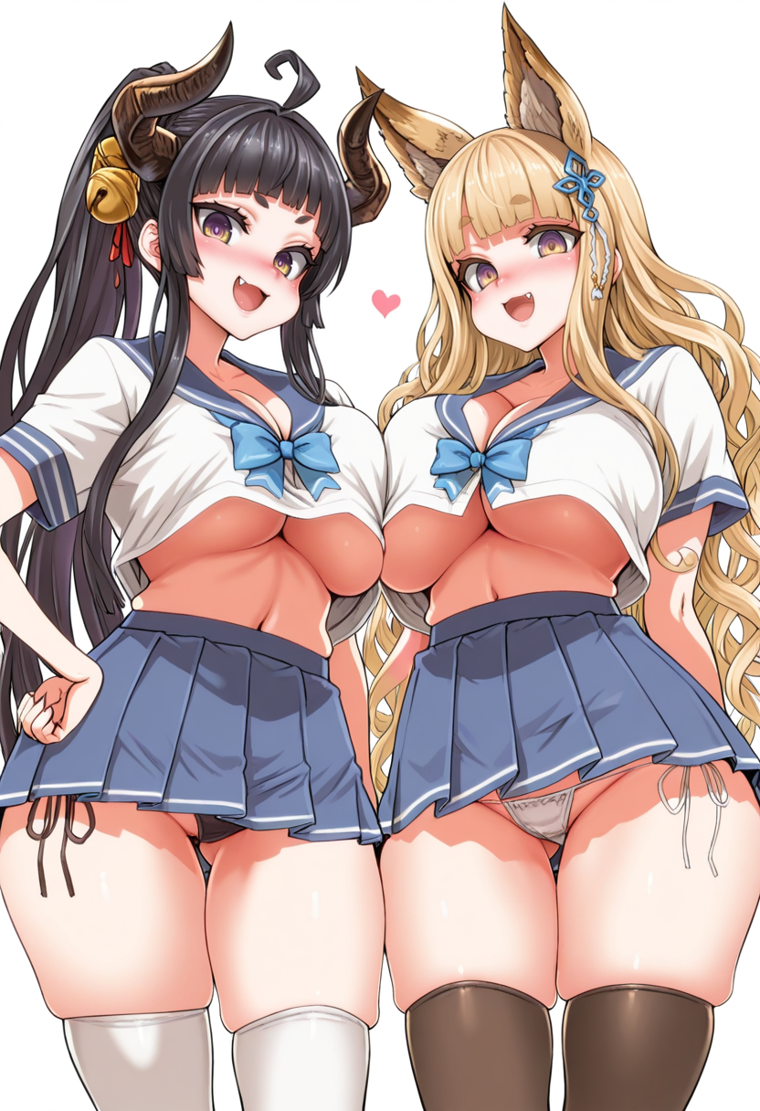 masterpiece, best quality,
 <lora:Asanagi:1> S4s4k1Nsfw, skirt, breasts, bell, multiple girls, thighhighs, 2girls, jingle bell, open mouth, long hair, underboob, school uniform, side-tie panties, pleated skirt, hair ornament, blunt bangs, panties, underwear, bangs, shirt, blonde hair, navel, fang, horns, smile, looking at viewer, animal ears, blush, large breasts, ass visible through thighs, black hair, ahoge, hand on hip, twintails, thick eyebrows, midriff, very long hair, blue skirt, white shirt, serafuku, holding, miniskirt, :d, bow, long sleeves, ponytail, fox ears, sailor collar, purple eyes, heart, bowtie, draph, black panties, simple background, yellow eyes, white background, standing, short sleeves, cowboy shot, cleavage, wavy hair, white panties, skindentation, ribbon, thighs, sidelocks