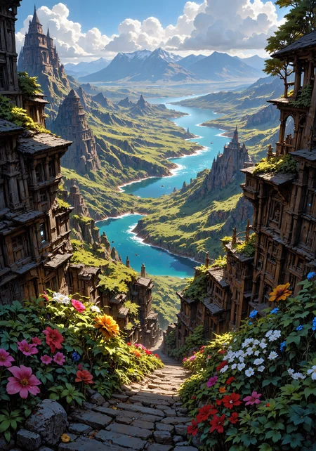 8k masterpiece, intricate aerial view; expansive natural collage: lush emerald forests, arid red deserts, rugged mountain ranges, crystalline coastal shores, and rolling valley vistas; dramatic low-angle perspective emphasizing towering rock formations; intimate close-up of dew-kissed wildflowers and textured bark; vibrant color gradients, ambient sunrise glow, natural spatial composition; rich matte textures, delicate organic patterns, surreal sky-scape; dynamic tracking shot reveal, scenic interplay of light and shadow, crisp details; atmospheric clarity, photorealistic elements, serene harmony of diverse terrains, lavish natural artistry <lora:CPA:0.3> <lora:MysticFantasy:0.6> <lora:FluxMythP0rtr4itStyle:0.8> <lora:Anime realistic V1:0.7> <lora:flux_dev:1>