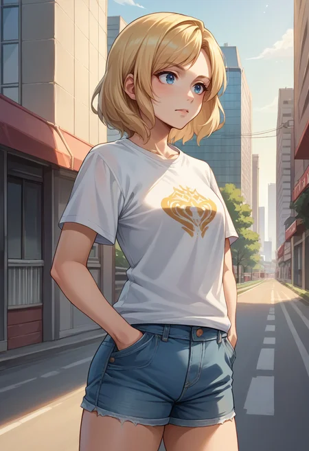 score_9, score_8_up, source_anime, 1girl, solo, Ashelia, medium hair, blonde hair, blue eyes, t-shirt, denim shorts, standing, outdoors, city, hands in pockets, <lora:CHAR-AsheliaPonyXL:1>