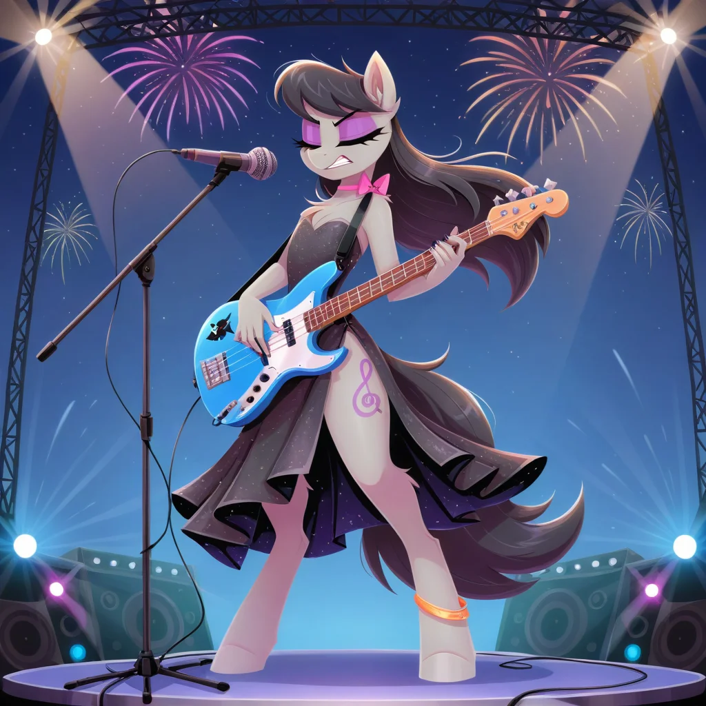 (amazing quality, detailed, absurd res, (masterpiece:1.2), (best quality:1.2), (high quality:1.2), hi res, (very aesthetic:1.2), (very awa:1.2)),<lora:Flat_Impact_Lite:1>, fl4t_style
1girl, female, solo, octavia_\(mlp\), pony, (anthro:1.3), unguligrade, bass guitar, eyes closed, clenched teeth, microphone, microphone stand, black dress, anklet, spotlight, stage, fireworks, stage lights, wind