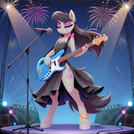 (amazing quality, detailed, absurd res, (masterpiece:1.2), (best quality:1.2), (high quality:1.2), hi res, (very aesthetic:1.2), (very awa:1.2)),<lora:Flat_Impact_Lite:1>, fl4t_style
1girl, female, solo, octavia_\(mlp\), pony, (anthro:1.3), unguligrade, bass guitar, eyes closed, clenched teeth, microphone, microphone stand, black dress, anklet, spotlight, stage, fireworks, stage lights, wind