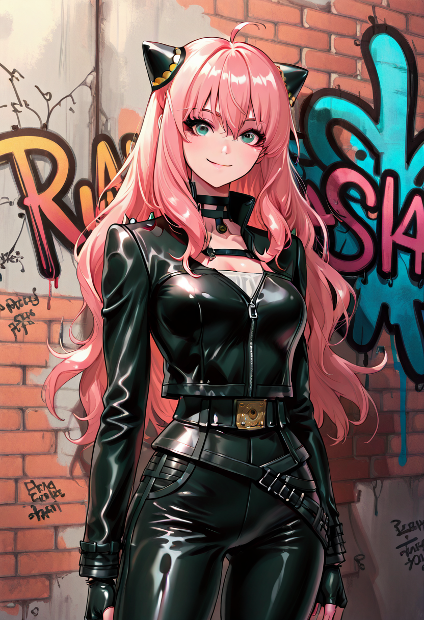 masterpiece, best quality, 1girl, solo, eyelashes, (beautiful eyes),     zzAnya, green eyes, hair between eyes, ahoge, pink hair, long hair, hair ornament, hairpods,    ,<lora:AdultAnyaIXL:1.0>,   <lora:FluxieStyle_IXL:1.0>, F1uxi3,  leather jacket, leather pants, black jacket, tight pants, black choker, zipper, fingerless gloves, biker clothes, spikes, multiple belts, shiny clothes, high collar, (graffiti:1.2), brick wall, solo, smiling, looking at viewer, cowboy shot,