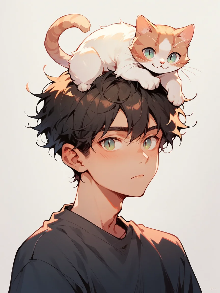 score_9, score_8_up, score_7_up, score_6_up, <lora:p3tl0v3XLP:1> p3tl0v3, 1boy, cat, cat on head