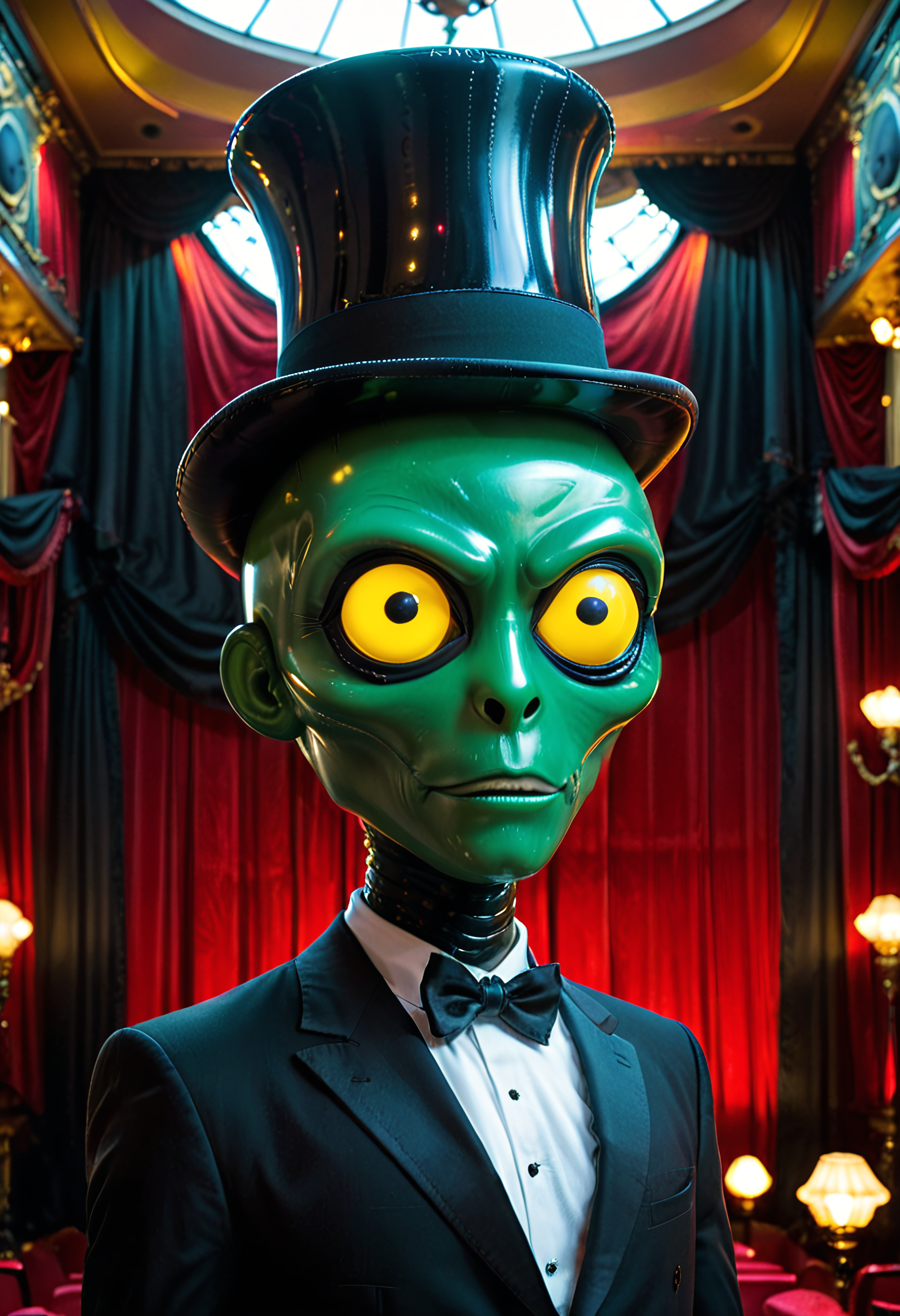 shnywrld, inflatable, scifi, colorful, luminous, a green shnywrld alien, yellow spots, wide black eyes, almond shaped, wearing a top hat and tuxedo, rose in its mouth, on stage, directional lighting, red theater curtain background, masterpiece, amazing quality, best quality, very aesthetic, absurdres, detailed background, low angle.  <lora:shinyworld:.8>  <lora:zavy-cntrst-sdxl:.8> dark, chiaroscuro, low-key <lora:xl_more_art-full_v1:.8>