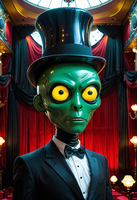 shnywrld, inflatable, scifi, colorful, luminous, a green shnywrld alien, yellow spots, wide black eyes, almond shaped, wearing a top hat and tuxedo, rose in its mouth, on stage, directional lighting, red theater curtain background, masterpiece, amazing quality, best quality, very aesthetic, absurdres, detailed background, low angle.  <lora:shinyworld:.8>  <lora:zavy-cntrst-sdxl:.8> dark, chiaroscuro, low-key <lora:xl_more_art-full_v1:.8>