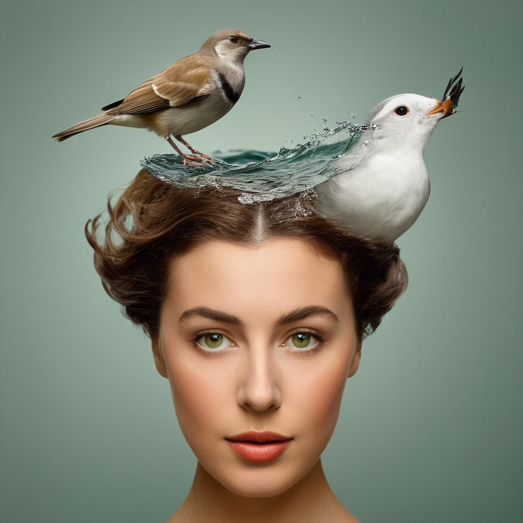Surrealist art  <lora:Surrealism style:1>
A surrealism photo of a woman with a bird on her head and a wave coming out of her face,solo,short hair,simple background,brown hair,1boy,green eyes,male focus,signature,grey background,lips,portrait,realistic,surreal , realistic, realism, photorealism, hyperrealism, hyperrealistic, realistic, sharp, detailed, cinematography style, film light style, movie still,  professional photography, artistic, perfection, contrast, cinematic, filmic, high quality photo,  8k quality, colorful, photography style, absurd, bizarre, eerie, fanciful, fantastic, ludicrous, monstrous, odd, outlandish, preposterous, ridiculous, strange, whimsical, wired, disturbing, surrealist, surrealism style, Andre Breton style, dreamlike, mysterious, provocative, symbolic, intricate, detailed