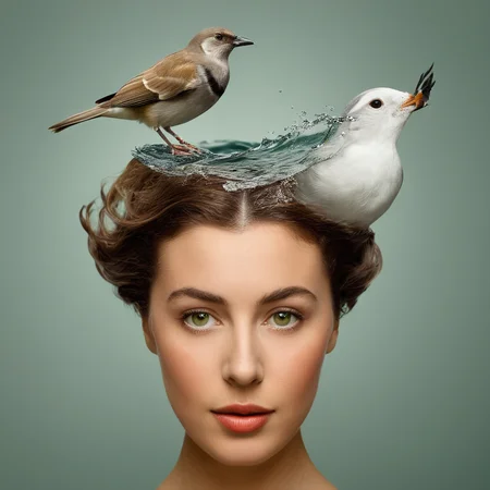 Surrealist art  <lora:Surrealism style:1>
A surrealism photo of a woman with a bird on her head and a wave coming out of her face,solo,short hair,simple background,brown hair,1boy,green eyes,male focus,signature,grey background,lips,portrait,realistic,surreal , realistic, realism, photorealism, hyperrealism, hyperrealistic, realistic, sharp, detailed, cinematography style, film light style, movie still,  professional photography, artistic, perfection, contrast, cinematic, filmic, high quality photo,  8k quality, colorful, photography style, absurd, bizarre, eerie, fanciful, fantastic, ludicrous, monstrous, odd, outlandish, preposterous, ridiculous, strange, whimsical, wired, disturbing, surrealist, surrealism style, Andre Breton style, dreamlike, mysterious, provocative, symbolic, intricate, detailed