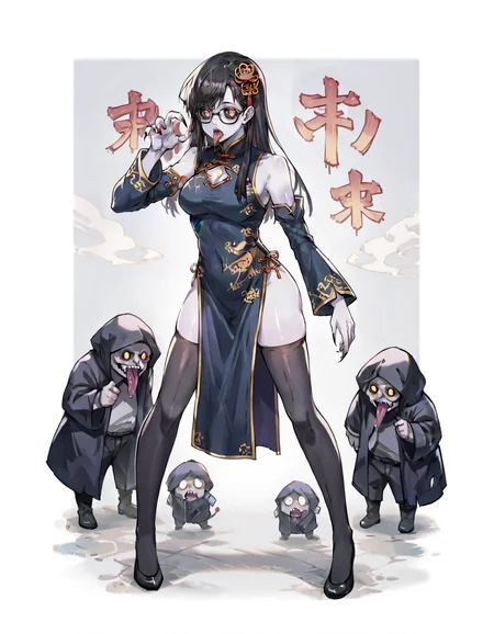score_9, score_8_up, score_7_up, score_6_up, score_5_up, score_4_up, BREAK source_anime, <lora:HizuruMinakata:0.9>, HizuruM, glasses, <lora:Jiangshi:0.655>, JiangshiT, tongue out, colored skin, zombie pose, black sclera, ofuda, long fingernails, full body, china dress, detached sleeves