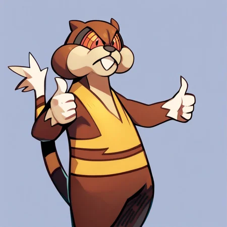score_7_up, score_8_up, score_9, solo male, pokemon (creature), cowboy shot, watchog, buck teeth, multicolored eyes, tail, (thumbs up), simple background,