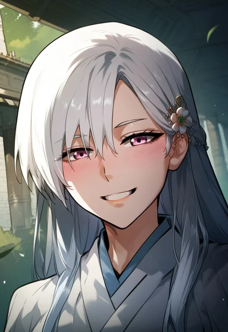 zPDXL3, score_9_up, score_8_up, score_7_up, (Anime_source), 1girl, WhiteCrane, radiant eyes, white hair, long hair, WCS clothes, traditional temple, smile, little blush, looking at viewer, dutch angle