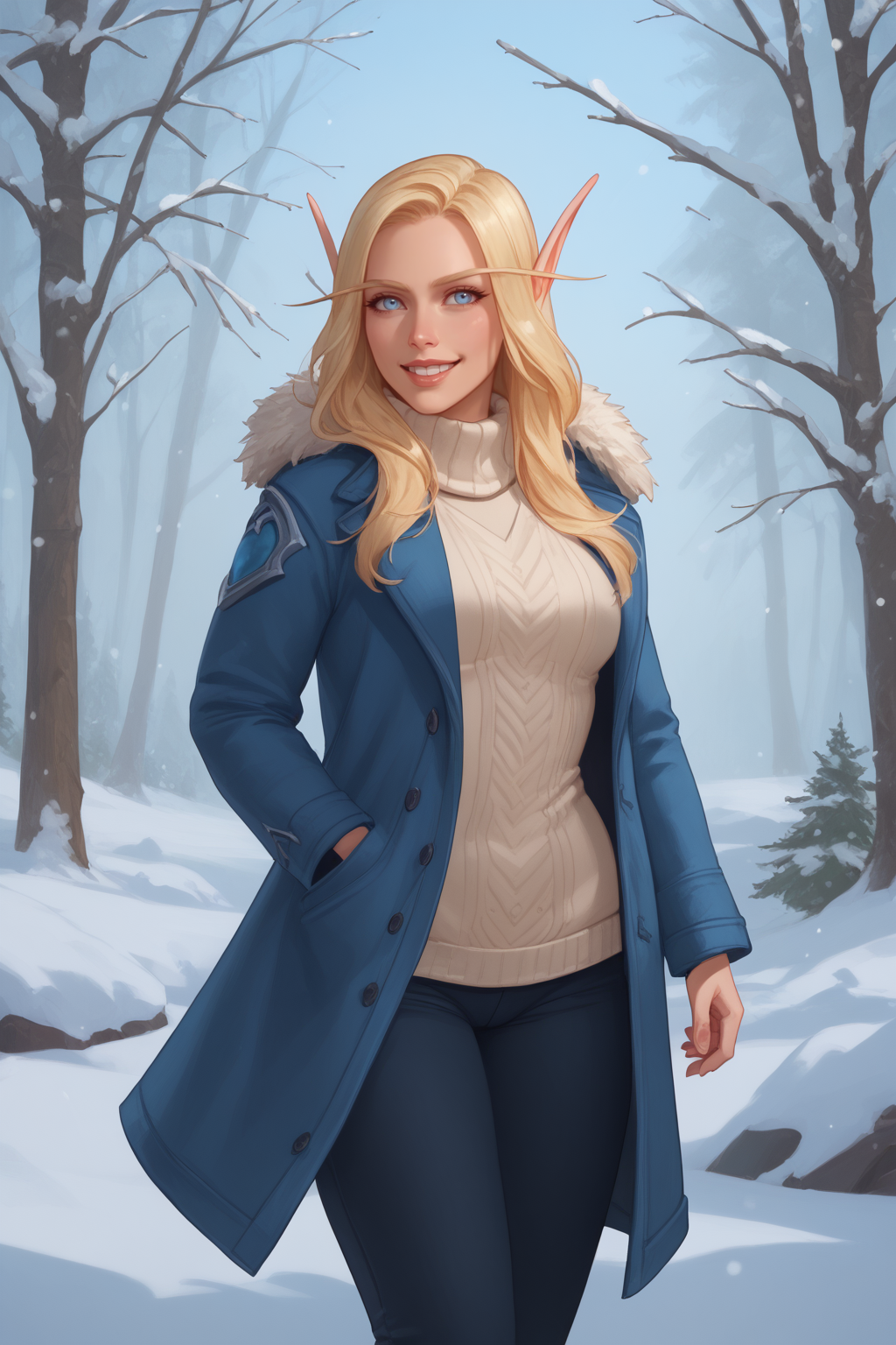 score_9, score_8_up, score_7_up, masterpiece, high quality, BREAK
 <lora:Sylvana WindrunnerelfPonyLoRA:0.8>sylwinog, long hair, blue eyes, blonde hair, elf, pointy ears, sweater. long coat, pants, winter, snow, in a forest, smile