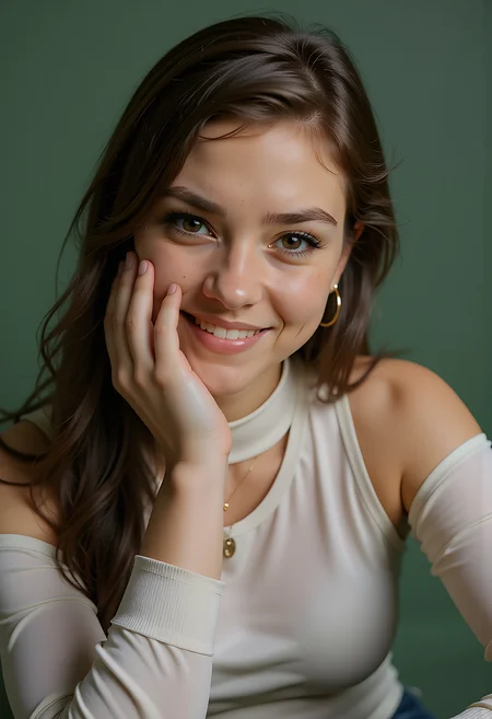 Headshots,masterpiece, a beautiful woman,Hyperrealistic, she is smiling, dynamic angles, multiple angles, photoshoot poses; A photo of Jewish-HD-Lana, a woman with hair, she has massive breasts, a beautiful girl,she is wearing a white turtleneck sweater.she has massive breasts, she has piercing eyes. a dynamic pose and a sense of action. simple green background, and the lighting is soft, creating a dramatic effect, creating a focused and dynamic pose.; the scene is set in a beautiful well-lit environment, with a sense of action and adventure. Style: realistic hyper-detailed rendering, 32k UHD, expressive eyes, punk, graphic design, girl's face, pretty and cute, gleaming lips, telling a tale of adventure. Exuding confidence and serenity. The overall mood of the image is happy and relaxed, detailed skin texture,(blush:0.2),(goosebumps:0.3), subsurface scattering,with a playful and whimsical tone,perfect hand, hand, detailed hand,niji style,retro50s_style,