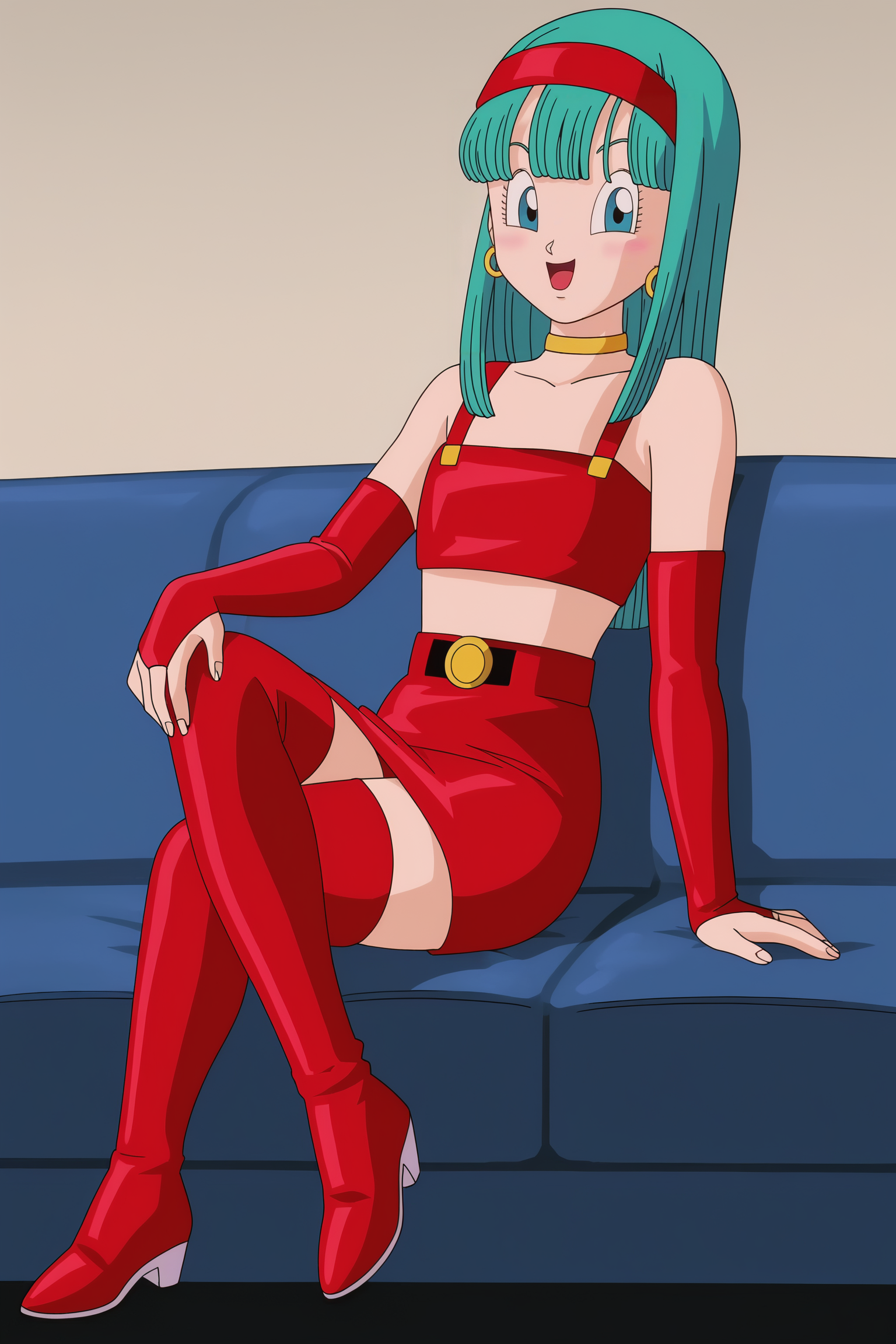 source_anime, score_9, score_8_up, score_7_up, anime screencap, absurdres, high quality,
bra \(dragon ball\), dragon ball gt, official style, 1girl, solo, long hair, looking at viewer, blush, smile, open mouth, blue eyes, sitting, full body, aqua hair, crossed legs, bridal gauntlets, bare shoulders, blunt bangs, eyebrows, hoop earrings, eyelashes, hand on own knee, red hairband, red armwear, red crop top, miniskirt, red skirt, thigh boots, red footwear, fingernails, choker, collarbone, flat chest, raised eyebrows, hair on shoulder, straight hair, tongue, leather
<lora:Bra_v2:0.8>