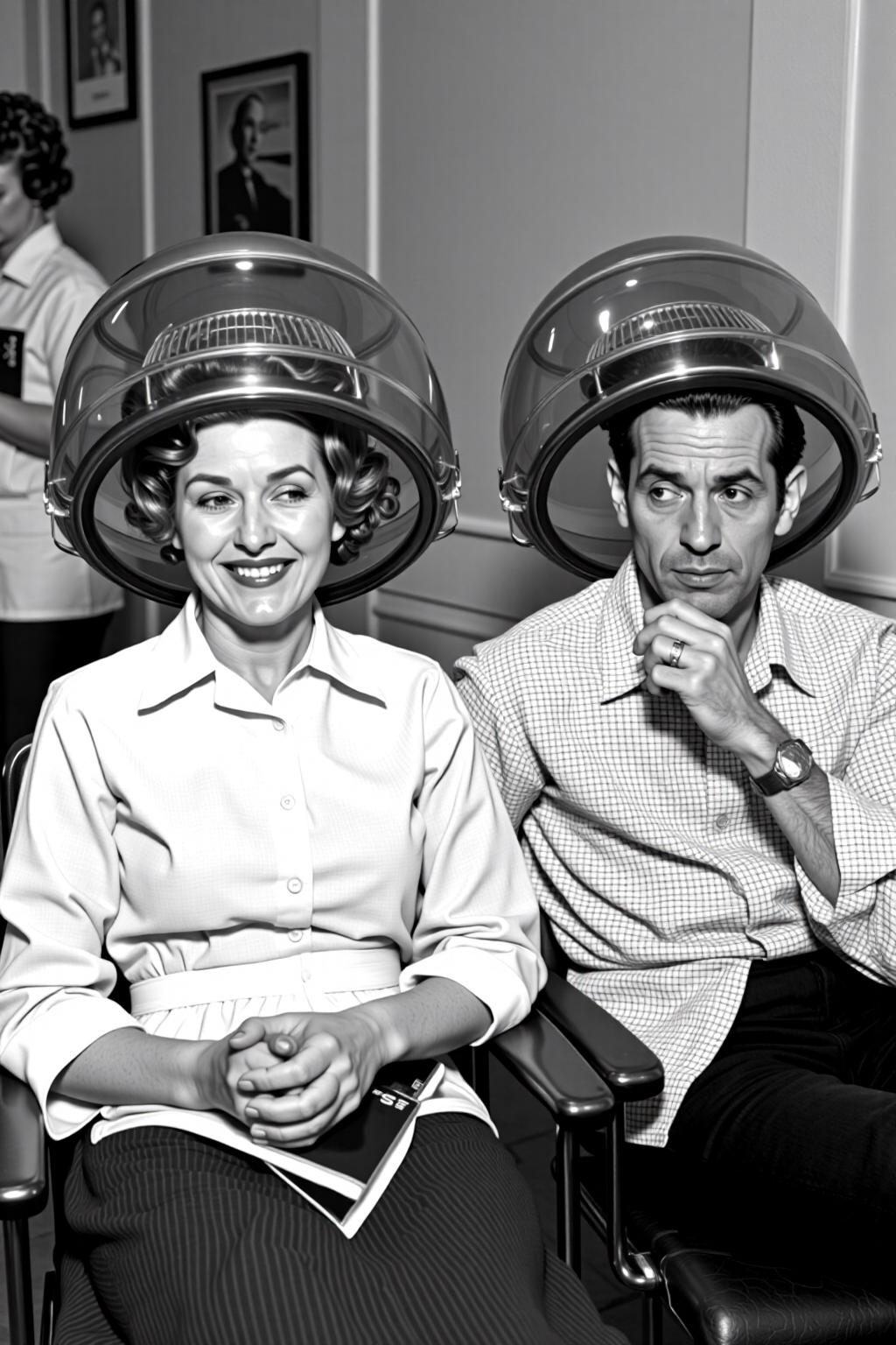 a black and white vintage photo of, two women are seated in a chair, each with their hair styled in a round, clear large vintage hair dryer. The woman on the left is wearing a white button-down shirt with a collar and long sleeves. She is smiling, her mouth slightly open, and her hands are clasped together in front of her. The man on the right is looking off to the side, with his hand resting on his chin. He has a serious expression on his face. His hair is pulled back from his head, while his hair is cascading down to his head. He is dressed in a white and black checkered shirt, black pants, and a silver watch on his left wrist. <lora:vintage_hair_dryer_v1:1.0> <lora:Flux-Sch-SingleBlocks-BF16:1.0><lora:803950653266239852:0>