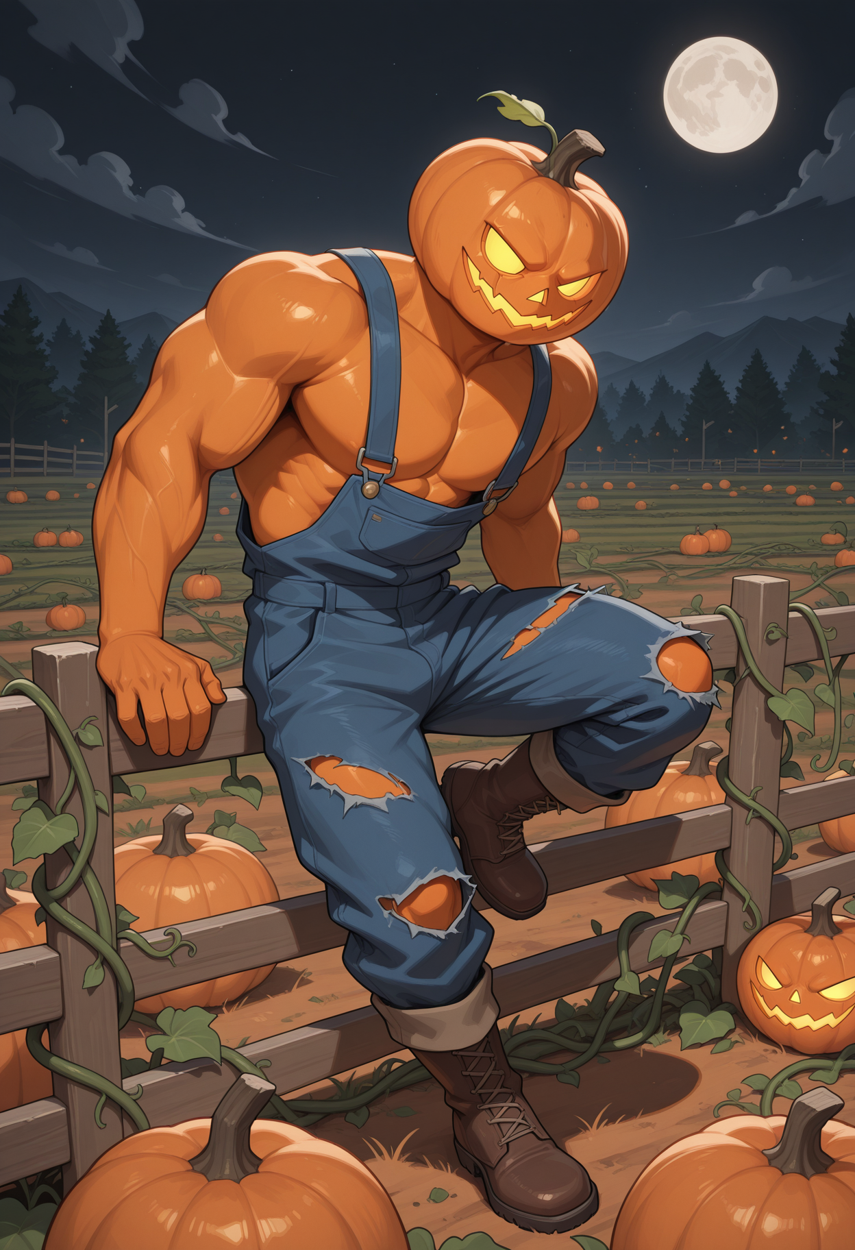 solo, 1 boy, male focus, leg up, against fence, jackolantern, vines, orange skin, muscular, blue overalls, boots, torn clothes, outdoors, pumpkin field, farm, full moon, night,
perfect anatomy, masterpiece, perfect quality, best quality, detailed, newest, very aesthetic <lora:Jack-O-Lantern_V1_ILXL:0.85>