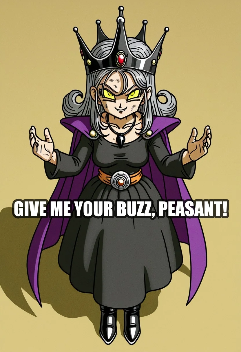 dqstyle, 1girl, solo, 43 years old, dirty hair, gray hair, heavy wrinkles, glowing yellow eyes, medium breasts, sagging breasts, necklace, black pendant, black boots, purple cape, black shirt, black dress, crown with black jewels, standing evilly, hands raised evilly, evil smile, from above, full body, facing viewer, straight-on, no shadows, simple background,