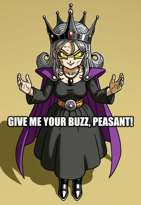 dqstyle, 1girl, solo, 43 years old, dirty hair, gray hair, heavy wrinkles, glowing yellow eyes, medium breasts, sagging breasts, necklace, black pendant, black boots, purple cape, black shirt, black dress, crown with black jewels, standing evilly, hands raised evilly, evil smile, from above, full body, facing viewer, straight-on, no shadows, simple background,
