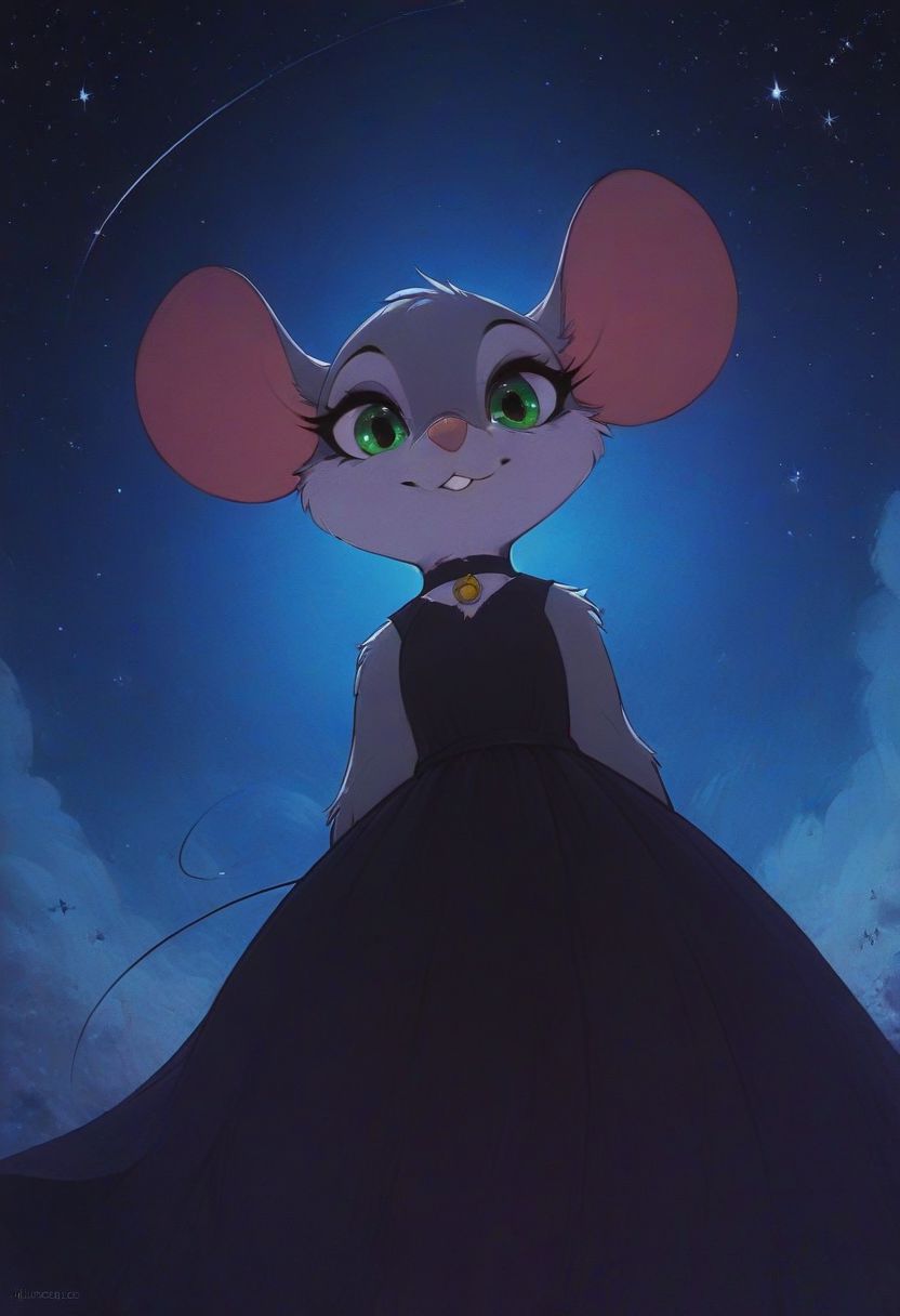 score_9, score_8_up, score_8, solo, (fluffy:0.8), (feral), furry, (((mouse))), female, claws, (fluffy cheeks:0.7), (dress), green eyes, look at viewer, (solo:2), j_cartoon, cute,  (portrait:1.5), close-up, low angle view, aesthetic, dramatic angle, unique perspective, unique angle, night, dark, stars,