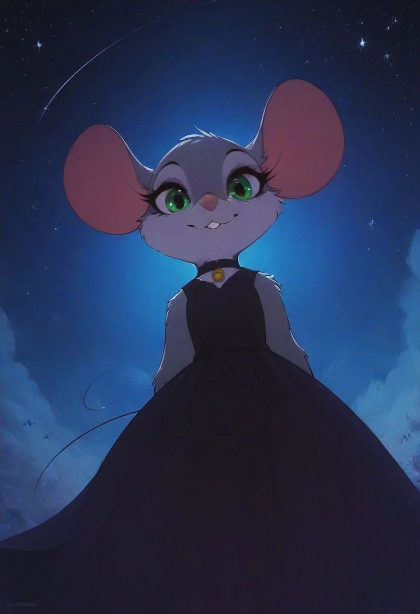 score_9, score_8_up, score_8, solo, (fluffy:0.8), (feral), furry, (((mouse))), female, claws, (fluffy cheeks:0.7), (dress), green eyes, look at viewer, (solo:2), j_cartoon, cute, (portrait:1.5), close-up, low angle view, aesthetic, dramatic angle, unique perspective, unique angle, night, dark, stars,