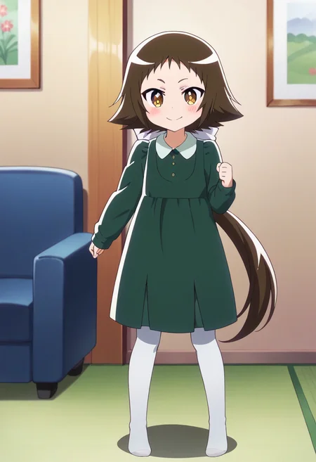 score_9, score_8_up, score_7_up, score_6_up, score_5_up, score_4_up , anime coloring ,BREAK source_anime, anime,
mashiro, long hair, blush, brown hair, long sleeves, dress, very long hair, ponytail, pantyhose, white pantyhose, green dress,<lora:PonyXL Mashio V1:1>
looking at viewer, full body, smile,
indoors, living room,