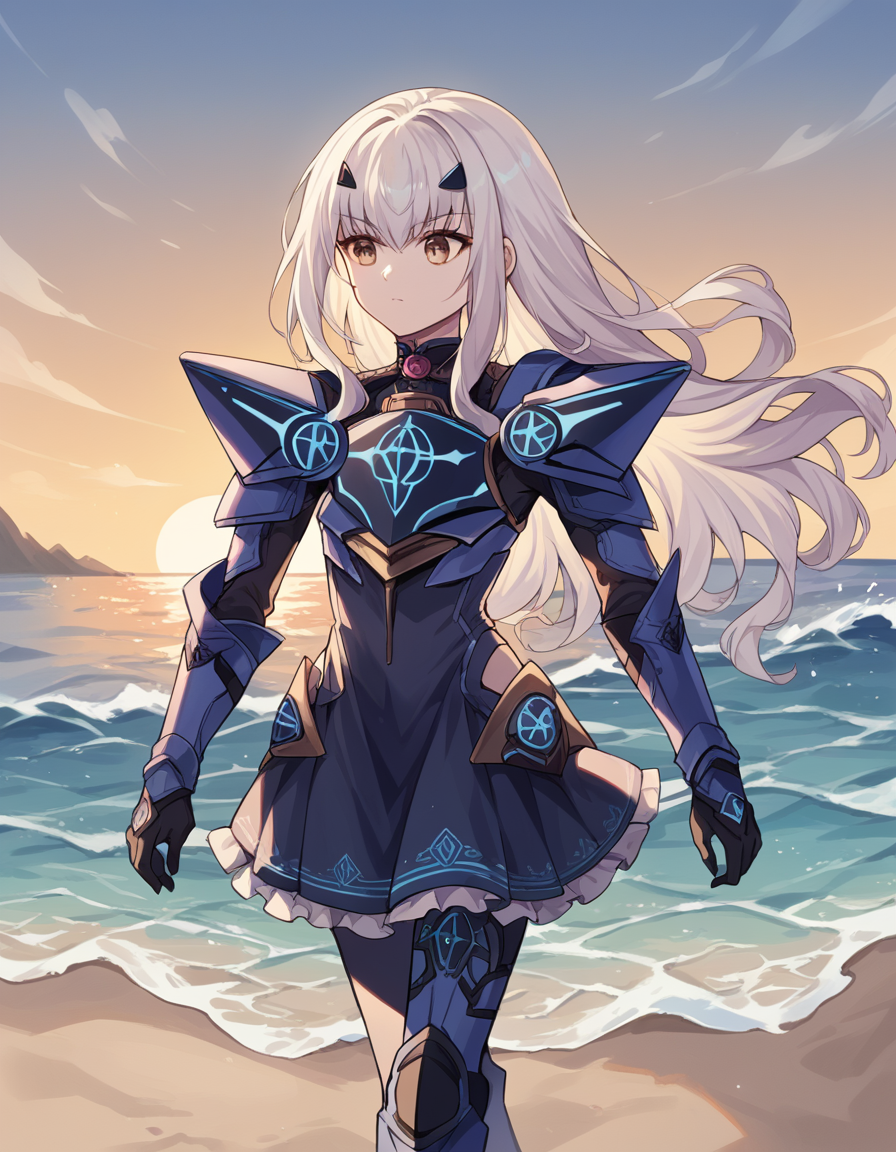 score_9, score_8_up, score_7_up, source_anime, <lora:fgo-melusine-ponyxl-lora-nochekaiser:1>, melusine, brown eyes, long hair, white hair, sidelocks,, armor, armored dress, black dress, black gloves, blue armor, blue dress, breastplate, dress, faulds, gloves, mask, pauldrons, short dress, shoulder armor,, beach, sunset, walking along shore, footprints in sand, waves, peaceful, , , arm holding an object, solo,, cowboy shot, dutch angle