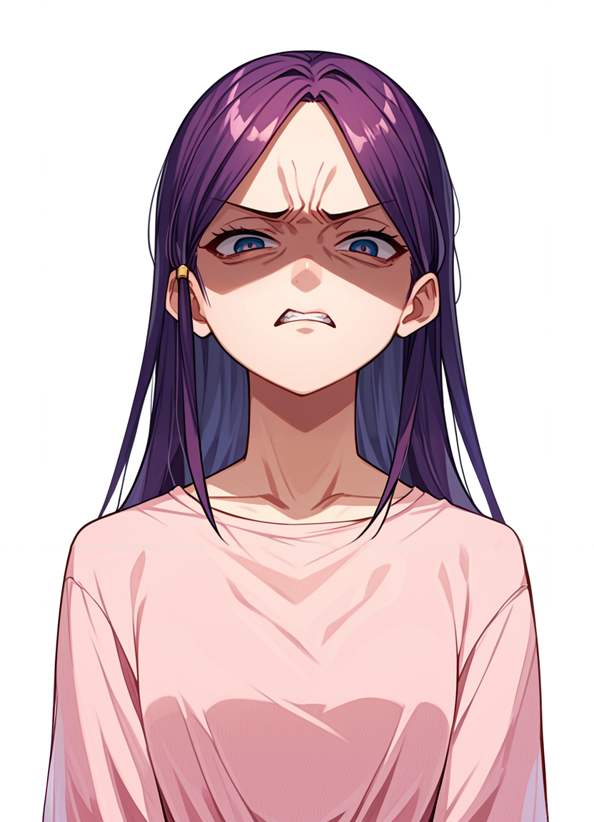 score_9,score_8_up,score_7_up,score_6_up, source_anime, <lora:disgusted_face_xl_goofy:1>  disgusted face, solo, 1girl, looking at viewer,  disgust, dress, upper body,  white background ,   long hair, hair pulled back,shaded face,