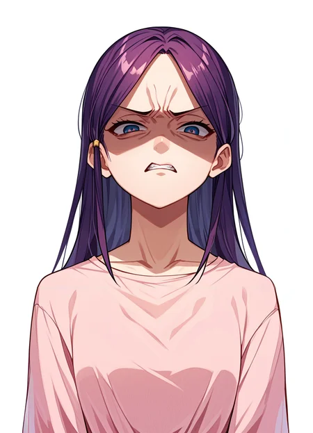 score_9,score_8_up,score_7_up,score_6_up, source_anime, <lora:disgusted_face_xl_goofy:1> disgusted face, solo, 1girl, looking at viewer, disgust, dress, upper body, white background , long hair, hair pulled back,shaded face,