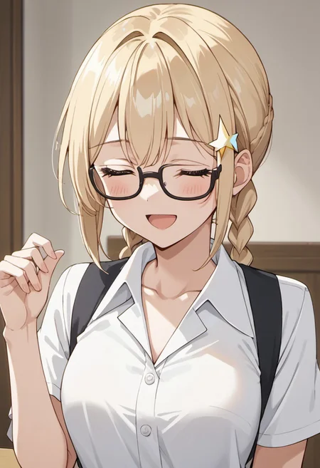 score_9, score_8_up, score_7_up, source_anime, nonoa miyamae, 1girl, solo, long hair, blush, smile, open mouth, blonde hair, shirt, hair ornament, collarbone, closed eyes, white shirt, upper body, braid, short sleeves, :d, glasses, collared shirt, indoors, hand up, star (symbol), twin braids, ^_^, facing viewer, black-framed eyewear, star hair ornament