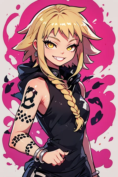 score_9, score_8_up, score_8, medium breasts, (curvy), cute, eyelashes, BREAK, , zzMedusa, blonde hair, long hair, braid, yellow eyes, tattoo, hood, jewelry, bracelet, sleeveless, nail polish, hoodie, braid, black nails, <lora:Medusa_SoulEater_PDXL_v2:1.0>, BREAK, smile, looking at viewer, cowboy shot, ,,, embedding:zPDXL, Expressiveh, ,,, <lora:CuteToonPDXL:0.8>, <lora:SDXLFaeTastic2400:0.5>, <lora:Expressive_H-000001:0.4>,