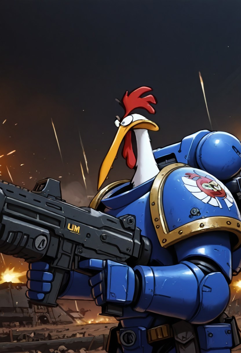 Masterpiece, absurdres, best quality, 1boy, solo, ch1ken, chicken, long beak, cartoon, space marine, power armor, firing gun, heavy bolter, battlefield background, closeup, UltraM40k, no helmet,