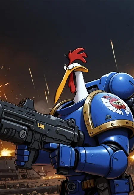 Masterpiece, absurdres, best quality, 1boy, solo, ch1ken, chicken, long beak, cartoon, space marine, power armor, firing gun, heavy bolter, battlefield background, closeup, UltraM40k, no helmet,